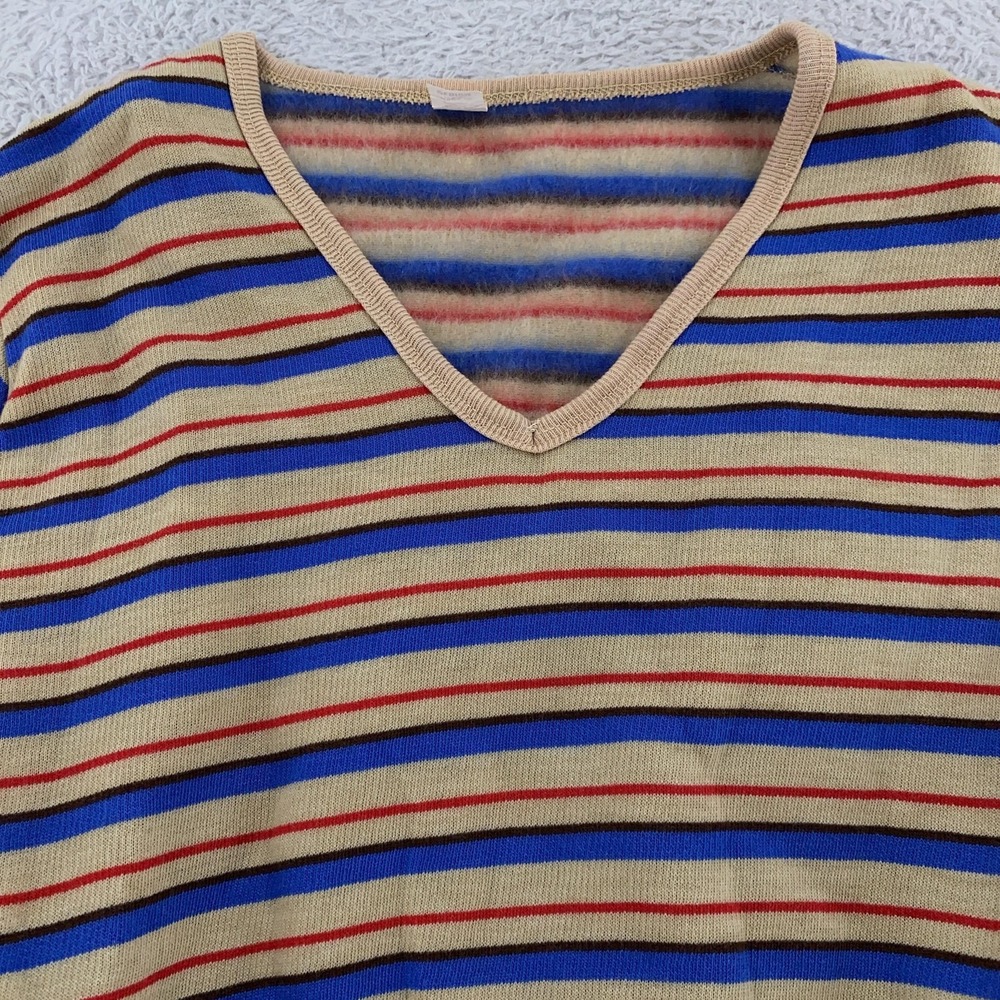 Vintage Striped Sweater Mens XS Beige Blue Red Long Sleeve Pullover USA 80s